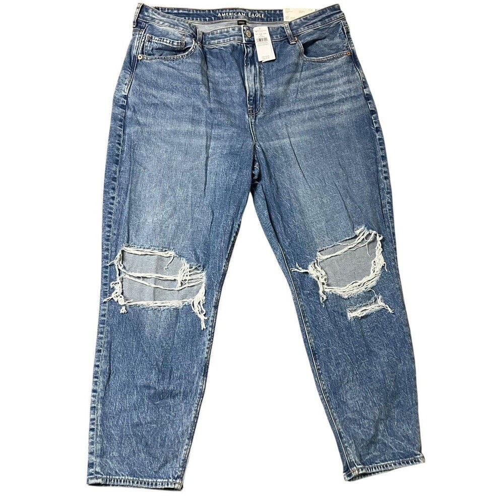 American Eagle Strigid Mom Jeans Distressed Busted Knee Medium Wash Womens 20